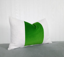 Load image into Gallery viewer, Green Velvet Pillow Cover Tri-Panel Color Block Kelly White or Ivory 18x18 20x20 22x22
