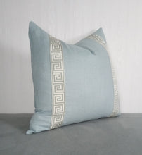 Load image into Gallery viewer, Light Blue Pillow Cover Greek Key Trim 18x18 20x20 22x22 24x24 13x20 14x22 14x30 Lumbar MADE TO ORDER
