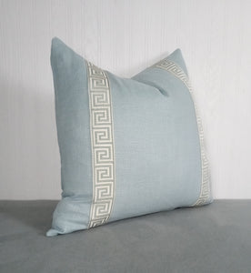 Light Blue Pillow Cover Greek Key Trim 18x18 20x20 22x22 24x24 13x20 14x22 14x30 Lumbar MADE TO ORDER