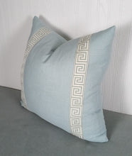 Load image into Gallery viewer, Light Blue Pillow Cover Greek Key Trim 18x18 20x20 22x22 24x24 13x20 14x22 14x30 Lumbar MADE TO ORDER
