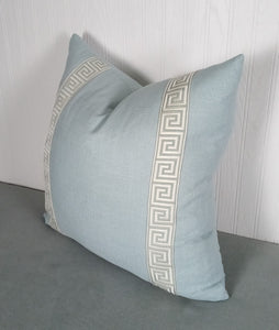 Light Blue Pillow Cover Greek Key Trim 18x18 20x20 22x22 24x24 13x20 14x22 14x30 Lumbar MADE TO ORDER