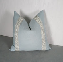 Load image into Gallery viewer, Light Blue Pillow Cover Greek Key Trim 18x18 20x20 22x22 24x24 13x20 14x22 14x30 Lumbar MADE TO ORDER
