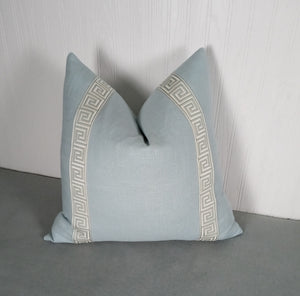 Light Blue Pillow Cover Greek Key Trim 18x18 20x20 22x22 24x24 13x20 14x22 14x30 Lumbar MADE TO ORDER