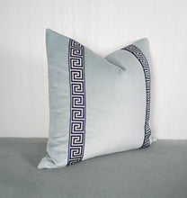 Load image into Gallery viewer, Light Blue Pillow Cover Velvet with Greek Key Trim FREE PIPING 18x18 20x20 22x22 24x24 13X20 14X22 14x30 16x26
