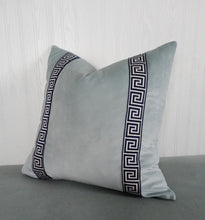 Load image into Gallery viewer, Light Blue Pillow Cover Velvet with Greek Key Trim FREE PIPING 18x18 20x20 22x22 24x24 13X20 14X22 14x30 16x26
