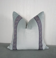 Load image into Gallery viewer, Light Blue Pillow Cover Velvet with Greek Key Trim FREE PIPING 18x18 20x20 22x22 24x24 13X20 14X22 14x30 16x26
