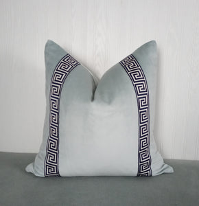 Light Blue Pillow Cover Velvet with Greek Key Trim FREE PIPING 18x18 20x20 22x22 24x24 13X20 14X22 14x30 16x26