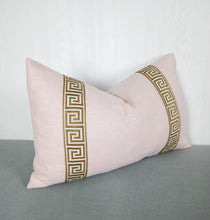 Load image into Gallery viewer, Pink Pillow Cover with Gold Greek Key Trim FREE PIPING 13X20 14X22 18X18 20X20 22X22 24X24 Made To Order
