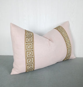 Pink Pillow Cover with Gold Greek Key Trim FREE PIPING 13X20 14X22 18X18 20X20 22X22 24X24 Made To Order