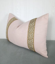 Load image into Gallery viewer, Pink Pillow Cover with Gold Greek Key Trim FREE PIPING 13X20 14X22 18X18 20X20 22X22 24X24 Made To Order
