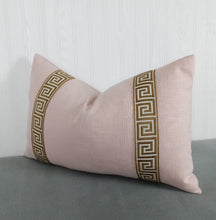 Load image into Gallery viewer, Pink Pillow Cover with Gold Greek Key Trim FREE PIPING 13X20 14X22 18X18 20X20 22X22 24X24 Made To Order
