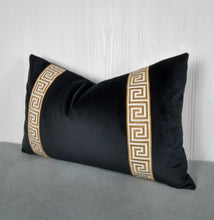 Load image into Gallery viewer, Black Velvet Pillow Cover with Gold Greek Key Trim FREE PIPING 13X20 14X22 18X18 20X20 22X22 Made To Order
