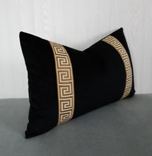 Load image into Gallery viewer, Black Velvet Pillow Cover with Gold Greek Key Trim FREE PIPING 13X20 14X22 18X18 20X20 22X22 Made To Order
