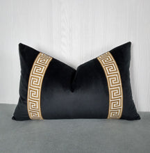 Load image into Gallery viewer, Black Velvet Pillow Cover with Gold Greek Key Trim FREE PIPING 13X20 14X22 18X18 20X20 22X22 Made To Order
