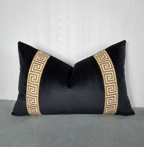 Black Velvet Pillow Cover with Gold Greek Key Trim FREE PIPING 13X20 14X22 18X18 20X20 22X22 Made To Order