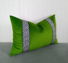 Load image into Gallery viewer, Green Velvet Pillow Cover with Greek Key Trim FREE PIPING 13X20 14X22 18X18 20X20 22X22 Made To Order
