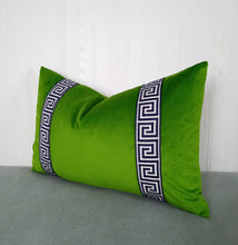 Load image into Gallery viewer, Green Velvet Pillow Cover with Greek Key Trim FREE PIPING 13X20 14X22 18X18 20X20 22X22 Made To Order
