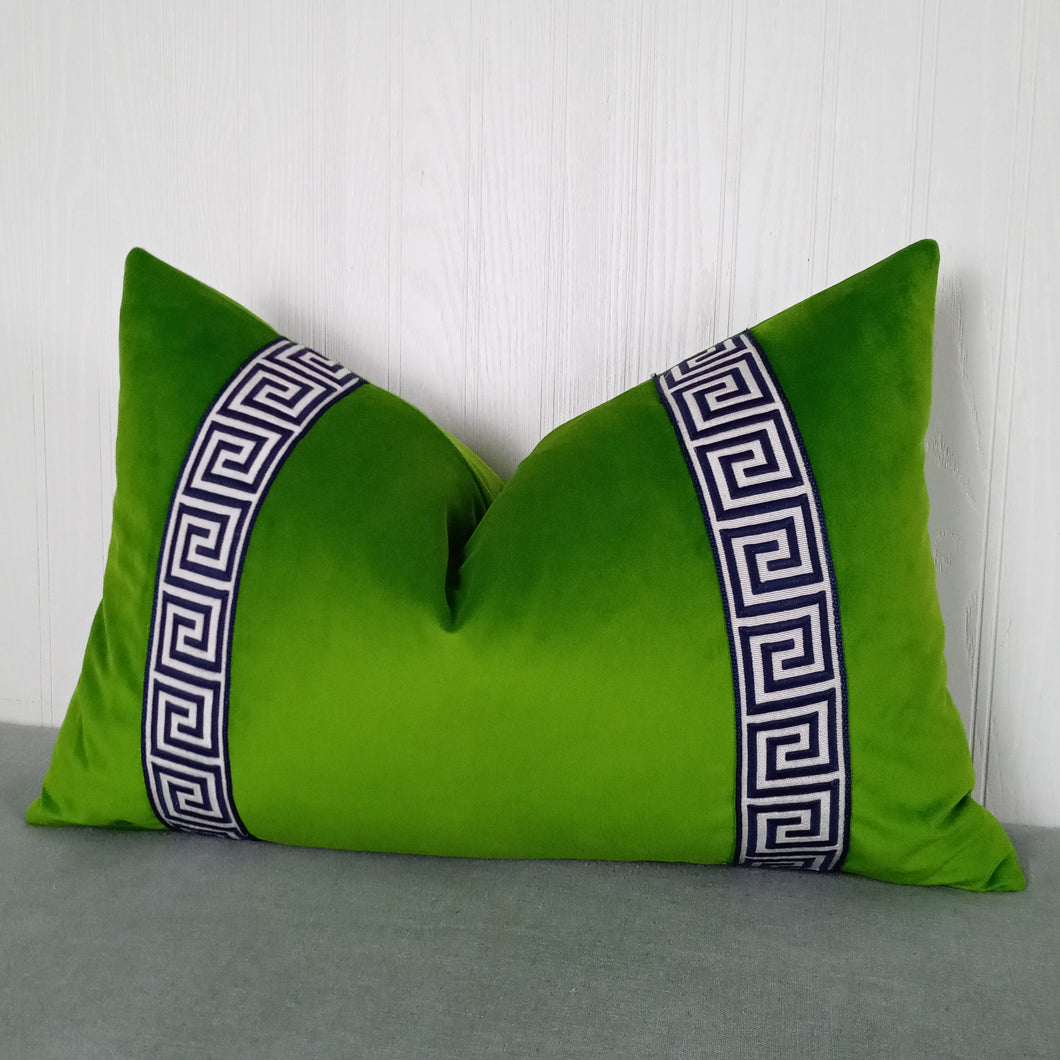 Green Velvet Pillow Cover with Greek Key Trim FREE PIPING 13X20 14X22 18X18 20X20 22X22 Made To Order