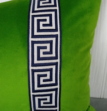 Load image into Gallery viewer, Green Velvet Pillow Cover with Greek Key Trim FREE PIPING 13X20 14X22 18X18 20X20 22X22 Made To Order
