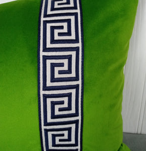 Green Velvet Pillow Cover with Greek Key Trim FREE PIPING 13X20 14X22 18X18 20X20 22X22 Made To Order