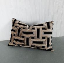 Load image into Gallery viewer, Black and Taupe Geometric Pillow Cover Cut Velvet FREE PIPING 13x20 Lumbar MADE TO ORDER
