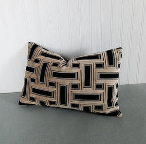 Black and Taupe Geometric Pillow Cover Cut Velvet FREE PIPING 13x20 Lumbar MADE TO ORDER