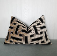 Load image into Gallery viewer, Black and Taupe Geometric Pillow Cover Cut Velvet FREE PIPING 13x20 Lumbar MADE TO ORDER
