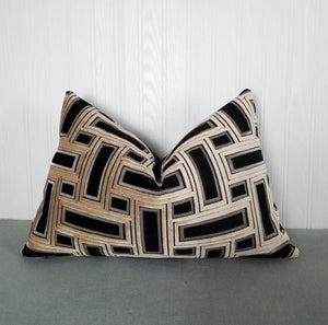 Black and Taupe Geometric Pillow Cover Cut Velvet FREE PIPING 13x20 Lumbar MADE TO ORDER