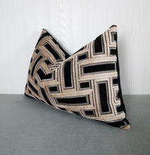 Load image into Gallery viewer, Black and Taupe Geometric Pillow Cover Cut Velvet FREE PIPING 13x20 Lumbar MADE TO ORDER
