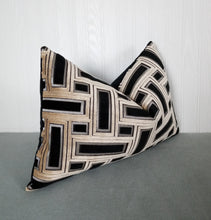 Load image into Gallery viewer, Black and Taupe Geometric Pillow Cover Cut Velvet FREE PIPING 13x20 Lumbar MADE TO ORDER
