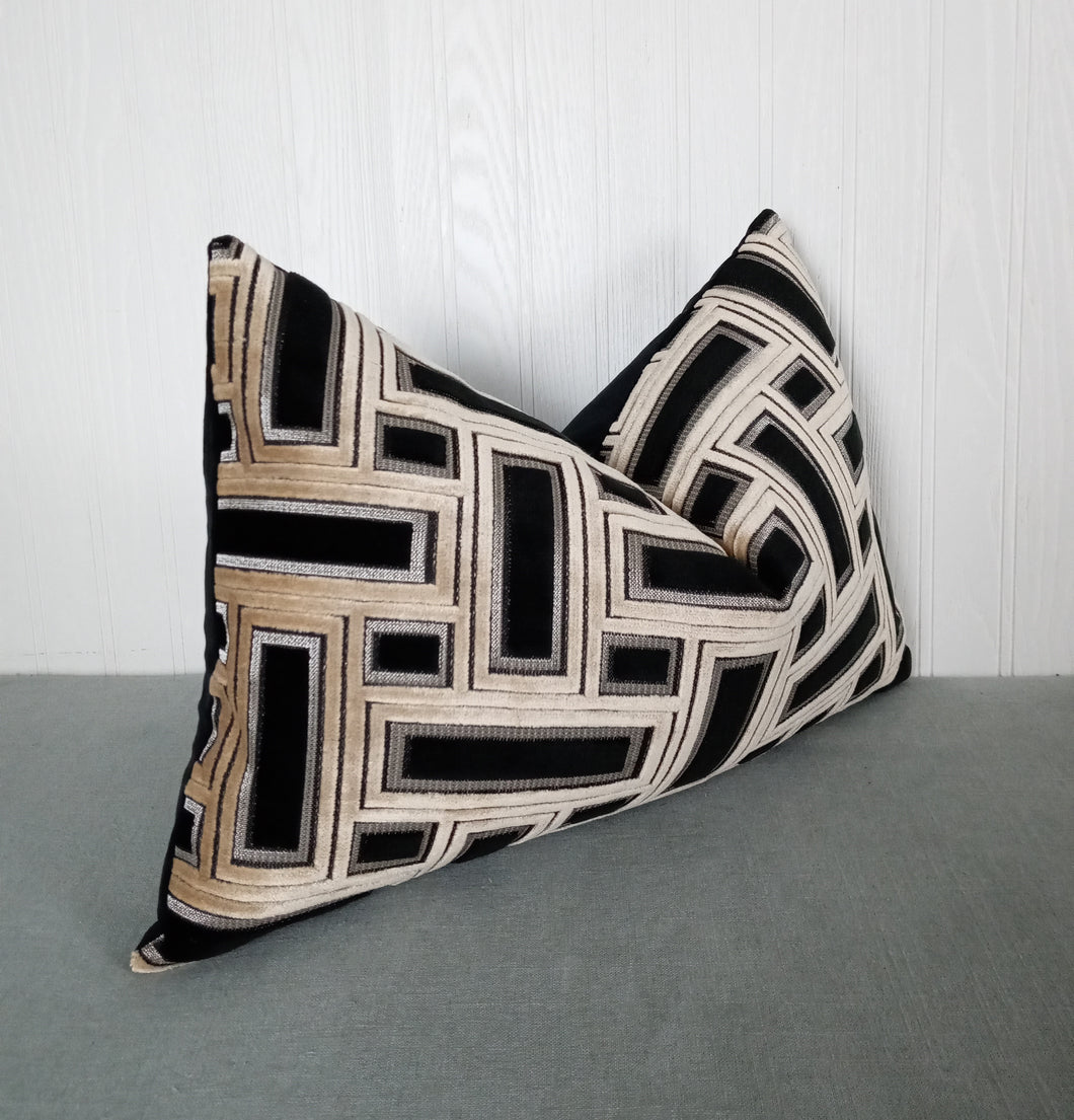 Black and Taupe Geometric Pillow Cover Cut Velvet FREE PIPING 13x20 Lumbar MADE TO ORDER