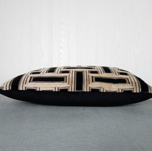 Load image into Gallery viewer, Black and Taupe Geometric Pillow Cover Cut Velvet FREE PIPING 13x20 Lumbar MADE TO ORDER
