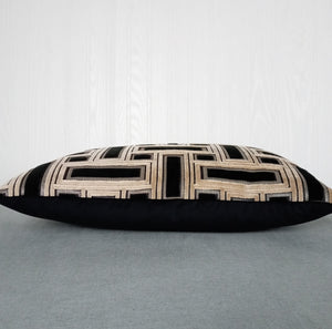 Black and Taupe Geometric Pillow Cover Cut Velvet FREE PIPING 13x20 Lumbar MADE TO ORDER