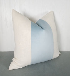 Blue Pillow Cover Velvet Color Block Tri Panel White or Ivory Panels 18x18 20x20 22x22 13x20 14x22