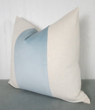 Load image into Gallery viewer, Blue Pillow Cover Velvet Color Block Tri Panel White or Ivory Panels 18x18 20x20 22x22 13x20 14x22
