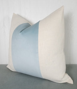 Blue Pillow Cover Velvet Color Block Tri Panel White or Ivory Panels 18x18 20x20 22x22 13x20 14x22