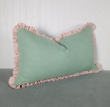 Load image into Gallery viewer, Light Green Ruffled Pillow Cover with Light Pink Ruffle 13x20 14x22 19x25 19x29 19x36 Bed Sham
