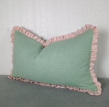 Load image into Gallery viewer, Light Green Ruffled Pillow Cover with Light Pink Ruffle 13x20 14x22 19x25 19x29 19x36 Bed Sham
