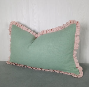 Light Green Ruffled Pillow Cover with Light Pink Ruffle 13x20 14x22 19x25 19x29 19x36 Bed Sham