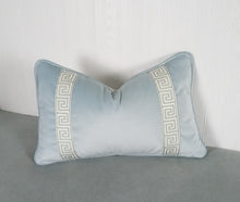 Load image into Gallery viewer, Light Blue Velvet Pillow Cover with Greek Key FREE PIPING 13x20 14x22 16x26 14x30 14x36 Lumbar 18x18 20x20 22x22 24x24Made To Order
