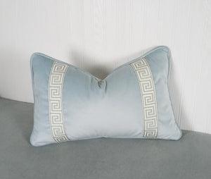 Light Blue Velvet Pillow Cover with Greek Key FREE PIPING 13x20 14x22 16x26 14x30 14x36 Lumbar 18x18 20x20 22x22 24x24Made To Order