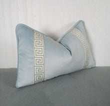 Load image into Gallery viewer, Light Blue Velvet Pillow Cover with Greek Key FREE PIPING 13x20 14x22 16x26 14x30 14x36 Lumbar 18x18 20x20 22x22 24x24Made To Order
