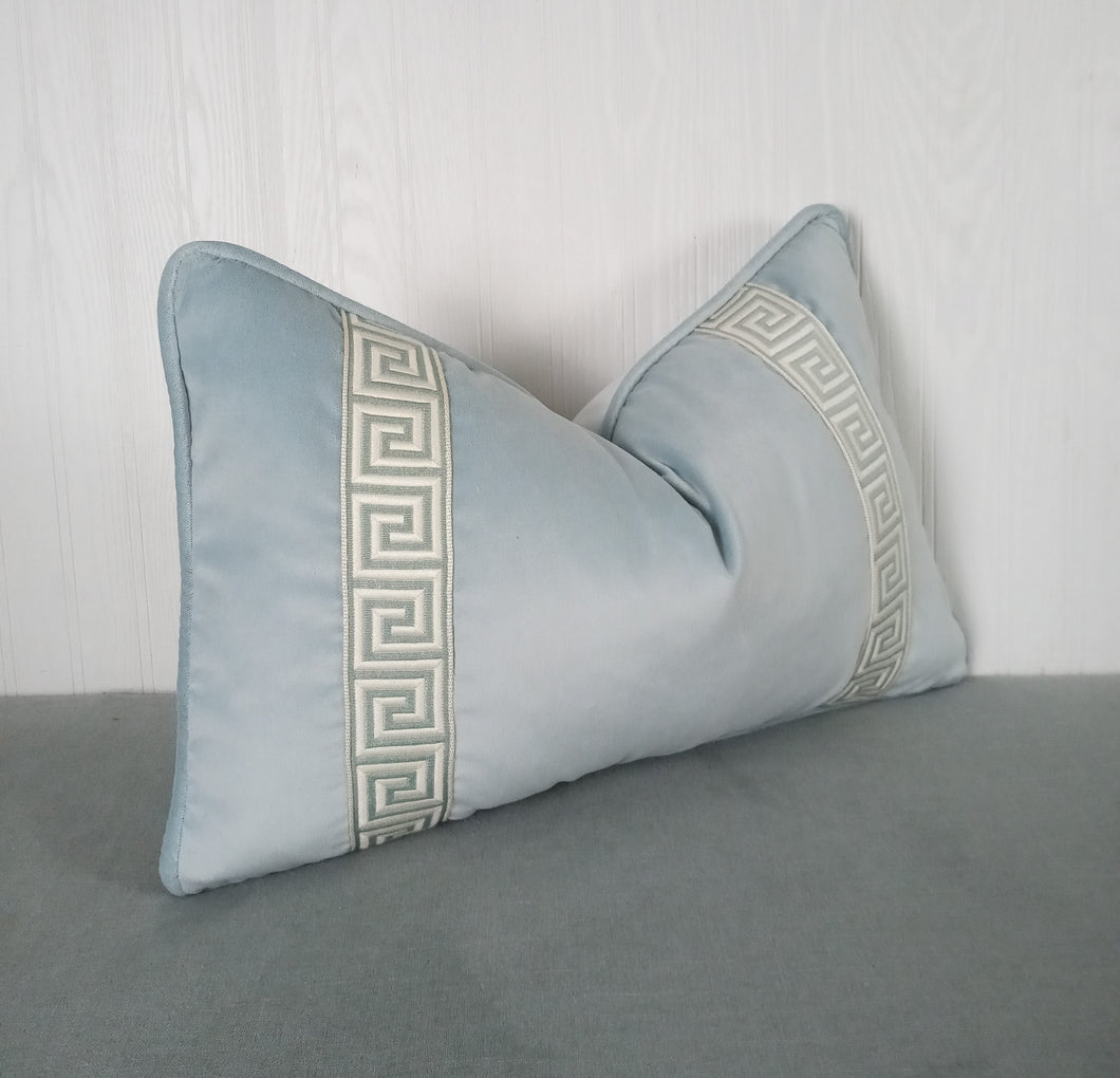 Light Blue Velvet Pillow Cover with Greek Key FREE PIPING 13x20 14x22 16x26 14x30 14x36 Lumbar 18x18 20x20 22x22 24x24Made To Order