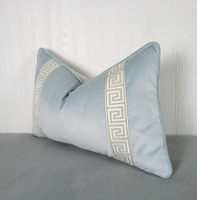 Load image into Gallery viewer, Light Blue Velvet Pillow Cover with Greek Key FREE PIPING 13x20 14x22 16x26 14x30 14x36 Lumbar 18x18 20x20 22x22 24x24Made To Order
