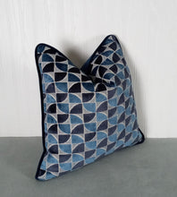 Load image into Gallery viewer, Blue Velvet Pillow Cover Dark and Medium Blues Geometric Cut Velvet FREE PIPING 18x18 20x20 22x22 24x24 MADE TO ORDER
