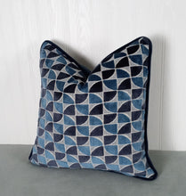 Load image into Gallery viewer, Blue Velvet Pillow Cover Dark and Medium Blues Geometric Cut Velvet FREE PIPING 18x18 20x20 22x22 24x24 MADE TO ORDER
