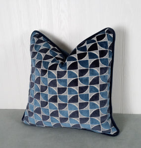 Blue Velvet Pillow Cover Dark and Medium Blues Geometric Cut Velvet FREE PIPING 18x18 20x20 22x22 24x24 MADE TO ORDER