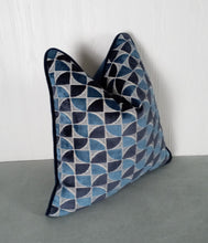 Load image into Gallery viewer, Blue Velvet Pillow Cover Dark and Medium Blues Geometric Cut Velvet FREE PIPING 18x18 20x20 22x22 24x24 MADE TO ORDER
