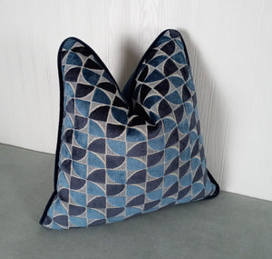 Blue Velvet Pillow Cover Dark and Medium Blues Geometric Cut Velvet FREE PIPING 18x18 20x20 22x22 24x24 MADE TO ORDER