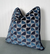 Load image into Gallery viewer, Blue Velvet Pillow Cover Dark and Medium Blues Geometric Cut Velvet FREE PIPING 18x18 20x20 22x22 24x24 MADE TO ORDER
